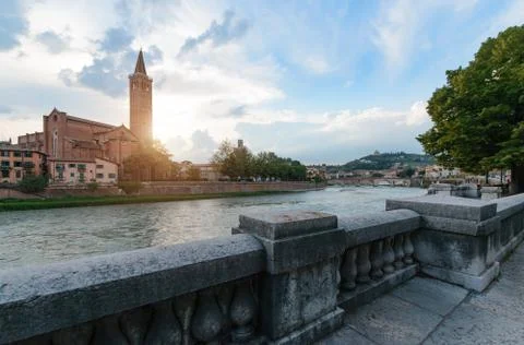 Panoramic view on the dige river in the evening in Verona Stock Photos