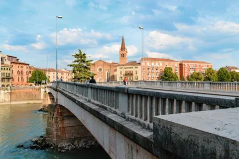 Panoramic view on the dige river in the evening in Verona Stock Photos