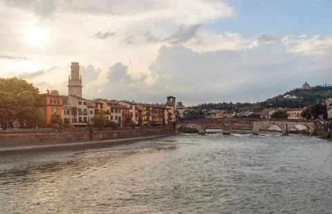 Panoramic view on the dige river in the evening in Verona Stock Photos