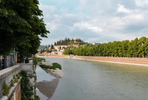 Panoramic view on the dige river in the evening in Verona Stock Photos