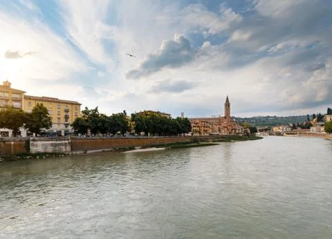 Panoramic view on the dige river in the evening in Verona Stock Photos