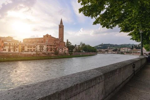 Panoramic view on the dige river in the evening in Verona Stock Photos