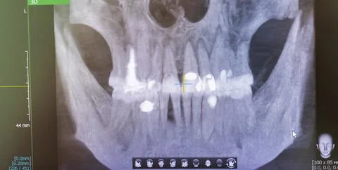 Panoramic view of a digital dental X-ray displaying the maxillofacial struc.. Stock Photos