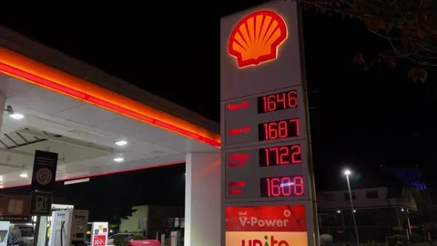 Panoramic view of a digital information display by the Shell oil company Stock Footage 340036092
