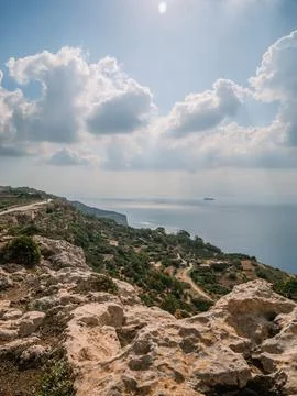 Panoramic View from Dingli Cliffs Malta Green Hills Mediterranean Sea Stock Photos