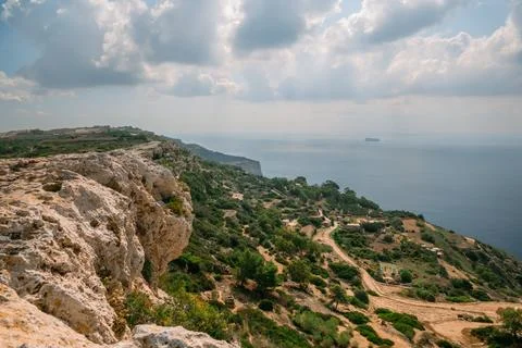 Panoramic View from Dingli Cliffs Malta Green Hills Mediterranean Sea Stock Photos