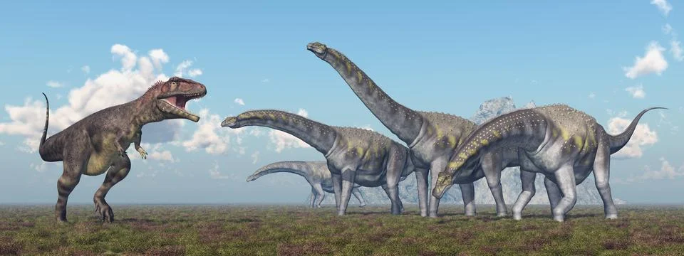 Panoramic view with the dinosaurs Mapusaurus and Argentinosaurus Stock Illustration