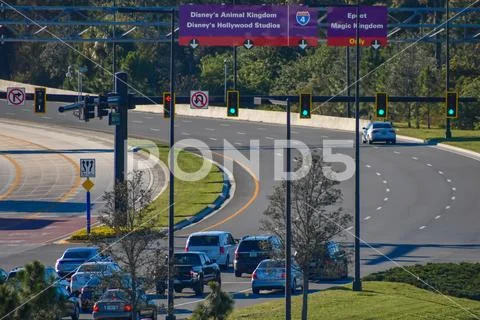 Panoramic view of Disney Theme Park signs at Lake Buena Vista area Stock Photos
