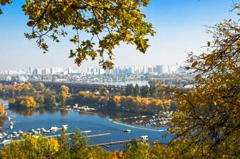 Panoramic view of district Podil and the Dnipro river in Kyiv at autumn Foto stock