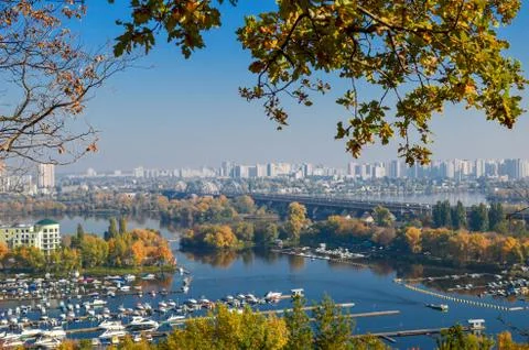 Panoramic view of district Podil and the Dnipro river in Kyiv at autumn Stock Photos