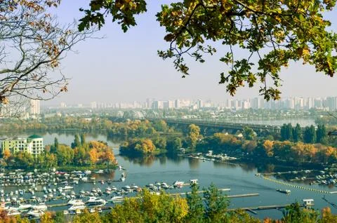 Panoramic view of district Podil and the Dnipro river in Kyiv at autumn Stock Photos