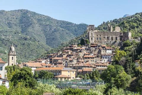 Panoramic view of Dolceacqua in Liguria Stock Photos
