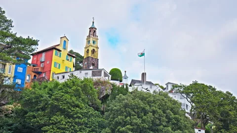 Panoramic view of The Dome and Tower with a clock in Portmeirion North Wales. Stock Footage 255158462