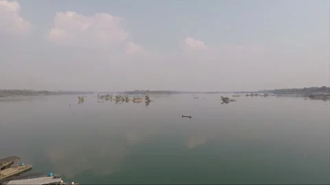 Panoramic View from Don Khon island, Boats on Mekong river, Si Phan Don, Laos Stock Footage 280989214