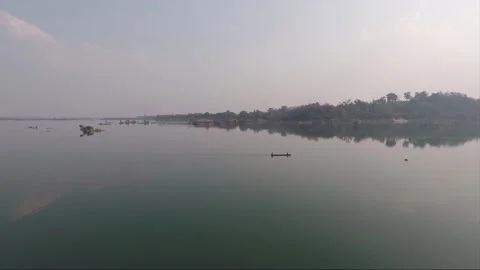 Panoramic View from Don Khon island, Boat on Mekong river, Si Phan Don, Laos Stock Footage 281005619