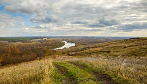 Panoramic view of the Don river valley. Autumn landscape. Country road. Stock Photos