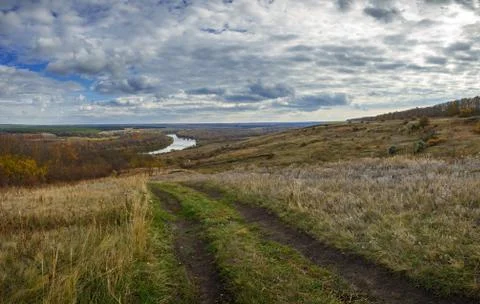 Panoramic view of the Don river valley. Autumn landscape. Country road. Stock Photos