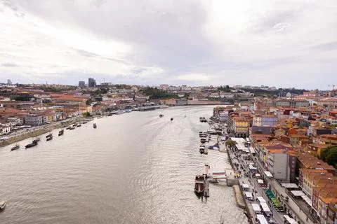 Panoramic view of Douro River with Cais de Gaia and Ribeira of Porto. Stock Photos