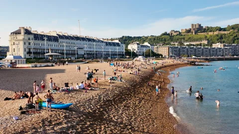 Panoramic view of Dover Beach, Kent, England, UK with the castle in background Stock Footage 318297635