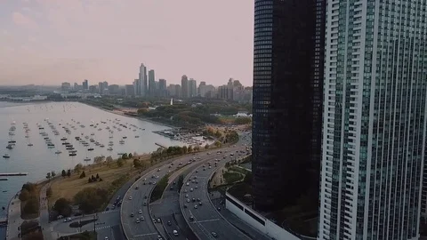 A panoramic view of downtown of Chicago from the side of the lake, view from the Stock Footage 83531614