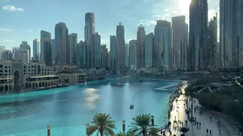 Panoramic view of Downtown Dubai skyline. Dubai, United Arab Emirates Stock Footage 306573077