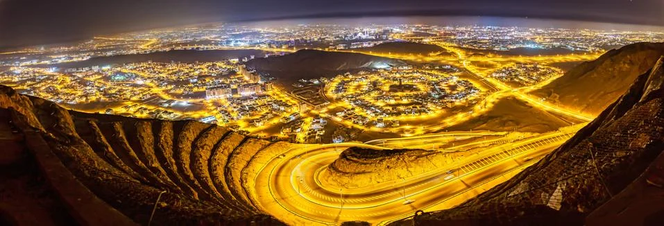 Panoramic view of dramatic City lights of Muscat 스톡 사진