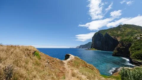 Panoramic view of dramatic cliffs falling into the Atlantic Ocean from the .. Stock Photos
