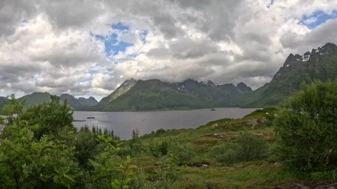 Panoramic view of dramatic fjord surrounded by sharp mountain peaks in Norway 스톡 동영상 343833608