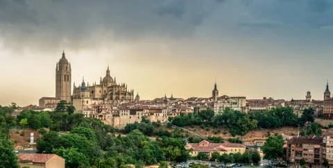 Panoramic view with the dramatic stormy clouds on the Santa Maria Cathedral Foto stock