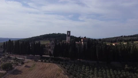 Panoramic view from a Drone of Badia a Passignano in the Tuscan countryside Stock Footage 197457107