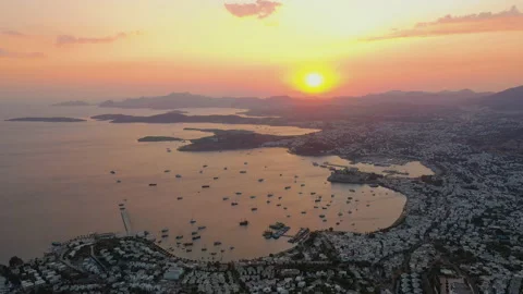 Panoramic view from drone of Bodrum harbour at sunset, Aegean sea, Kalesi castle Stock Footage 165382946