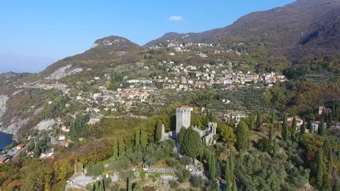 Panoramic view with drone, castle of Vezio and village of Perledo. Lake of Como Stock Footage 81912595