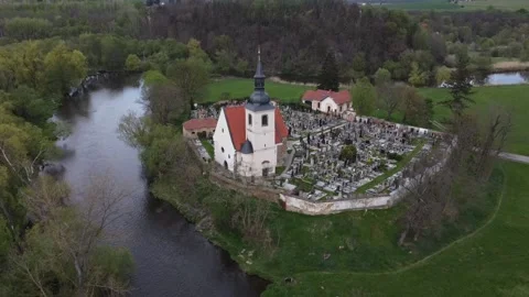 Panoramic View From Drone, The CHURCH on the river Stock Footage 154055982