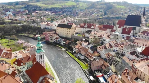 Panoramic view from the drone on the city Cesky Krumlov Stock Footage 256689094