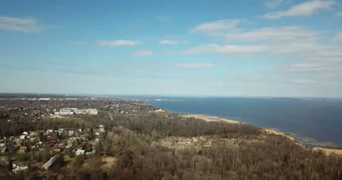 Panoramic view from  drone of  coast of  Gulf of Finland in  early spring Stock Footage