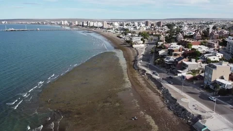 Panoramic view from drone of coastline of Puerto Madryn, Patagonia, Argentina Stock Footage 186109030
