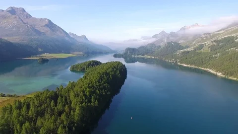 Panoramic view with a drone in Engadine Valley, Silvaplana and Sils - Swiss Alps Stock Footage 79559724