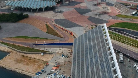 Panoramic view from the drone of the huge solar panel and seaport Stock Footage 118322992