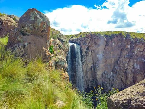 Panoramic view of Drone view of falls on sunny spring day Stock Photos