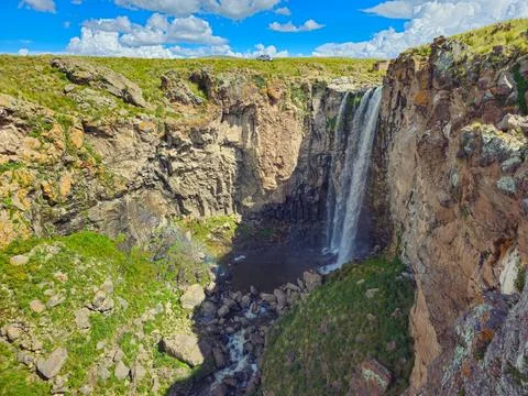 Panoramic view of Drone view of falls on sunny spring day Stock Photos