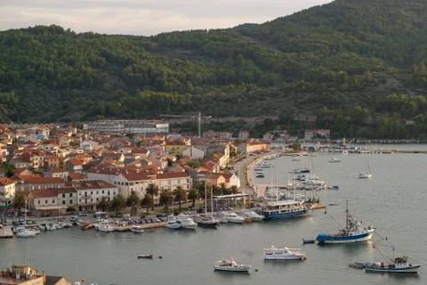 Panoramic view during sunset to Vela Luka. 스톡 사진
