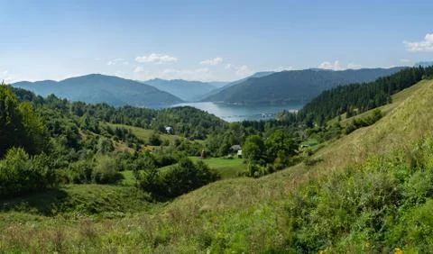 Panoramic view of Eastern Carpathians and Lake Bicaz, Romania Stock Photos