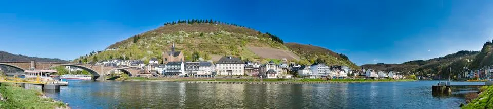 Panoramic view of the eastern shore of Cochem in the Eifel over Moselle River Stock Photos