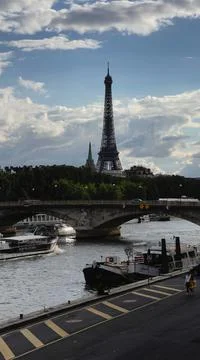 Panoramic view of Eiffel tower from across the river Seine in Paris, France Stock Photos