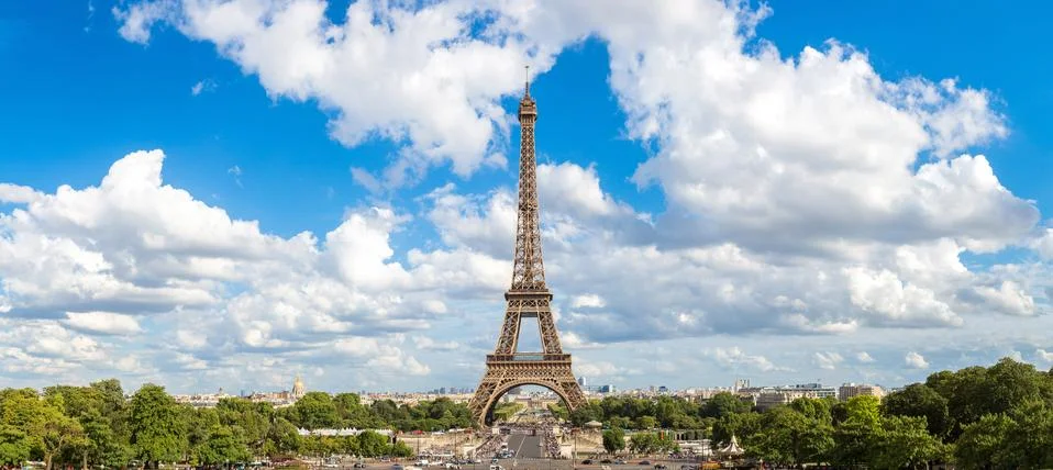 Panoramic view of Eiffel Tower in Paris Stock Photos