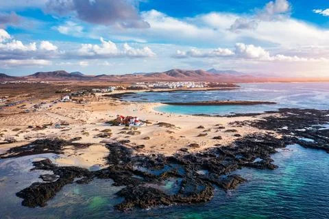 Panoramic view of El Cotillo city in Fuerteventura, Canary Islands, Spain. .. Stock Photos