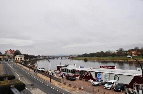 Panoramic view of the Elbe River and the dock for pleasure boats. Stock Photos