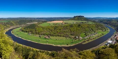 Panoramic View of Elbe River Loop and Lilienstein Mountain Stock Photos