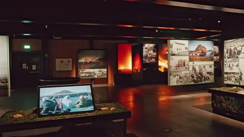 Panoramic view of Eldheimar volcano museum in Iceland. 1973 eruption. Stock Footage 263851403