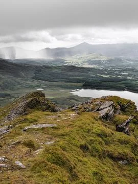 Panoramic view from an elevated position. The image shows a lake Stock Photos